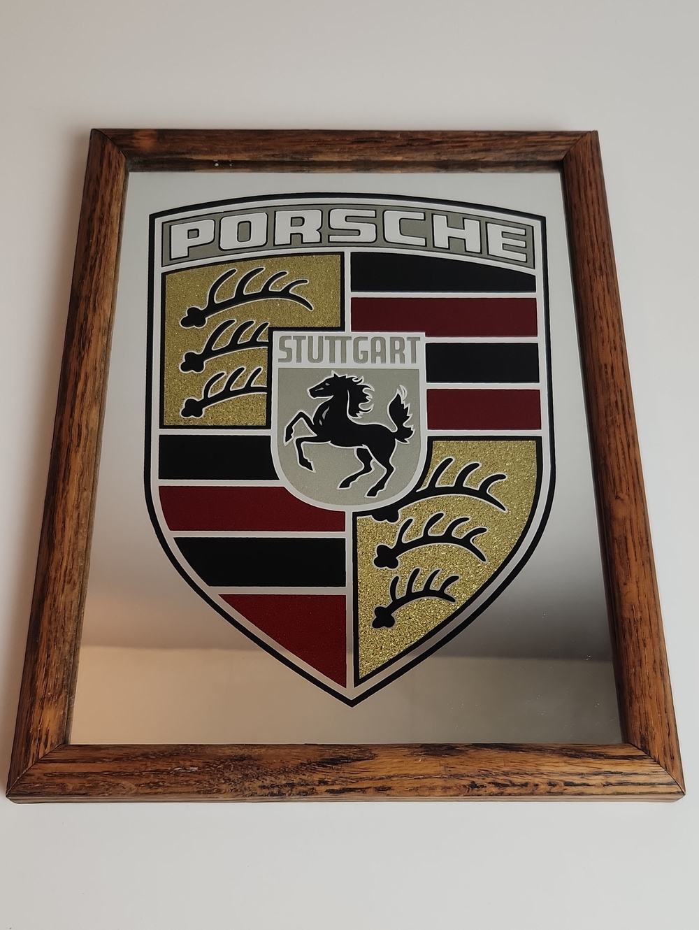 Porsche Stuttgart Crest Logo Vintage Wood Framed Mirror